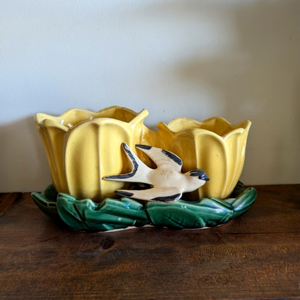 Vintage 1949 McCoy Pottery Double Yellow Tulip Planter with Bird Swallow MCM